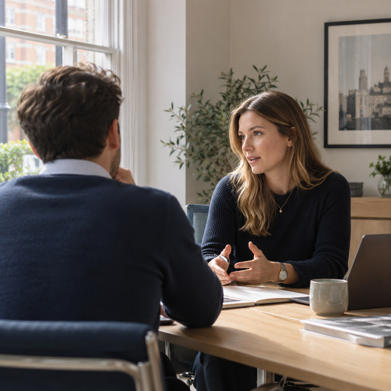 Two members of the Bond Docwra team in conversation at a desk