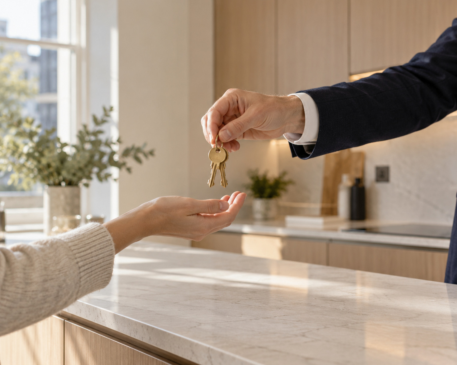 A set of keys being handed over across a kitchen worktop