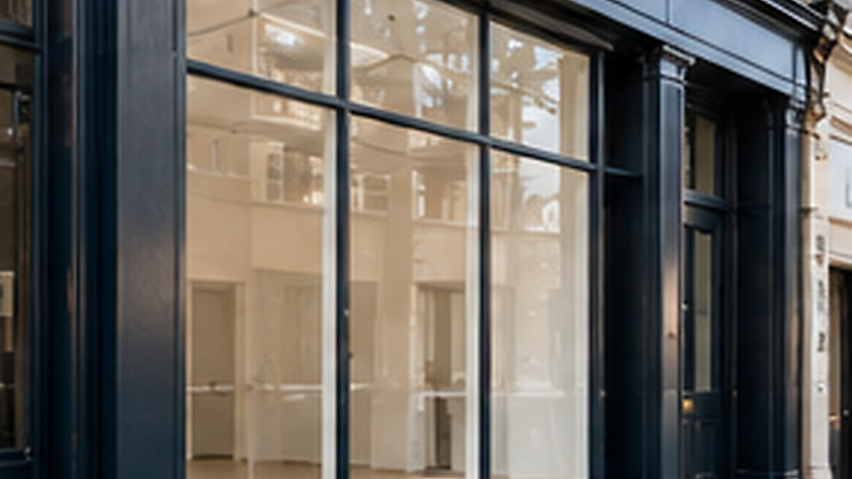 A vacant commercial shop front with dark painted frames