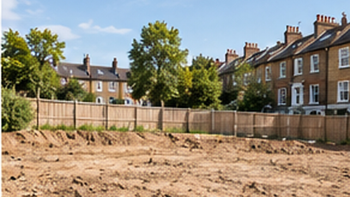 A cleared development plot between London houses