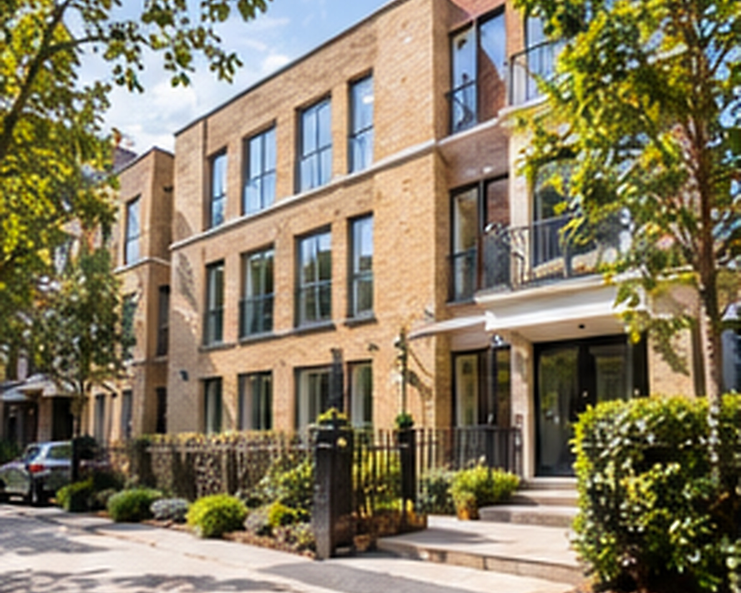 A completed new-build brick apartment development with landscaping