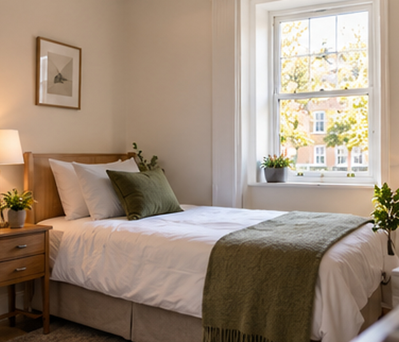 A calm, sunlit bedroom in a New Chapter Housing home